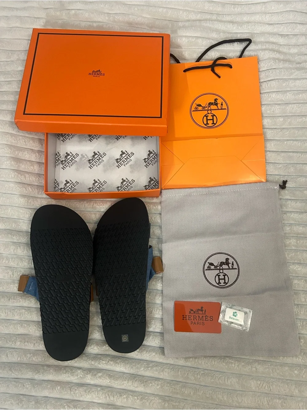 Hermès Blue Canvas and Brown Leather Slide Sandals